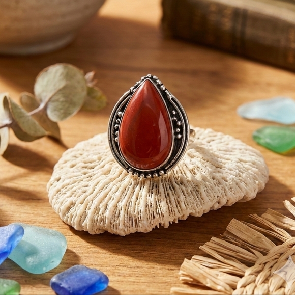 Sterling Silver Red Moss Agate Artisan Statement Ring Boho Teardrop Size 7.75 - Picture 5 of 12